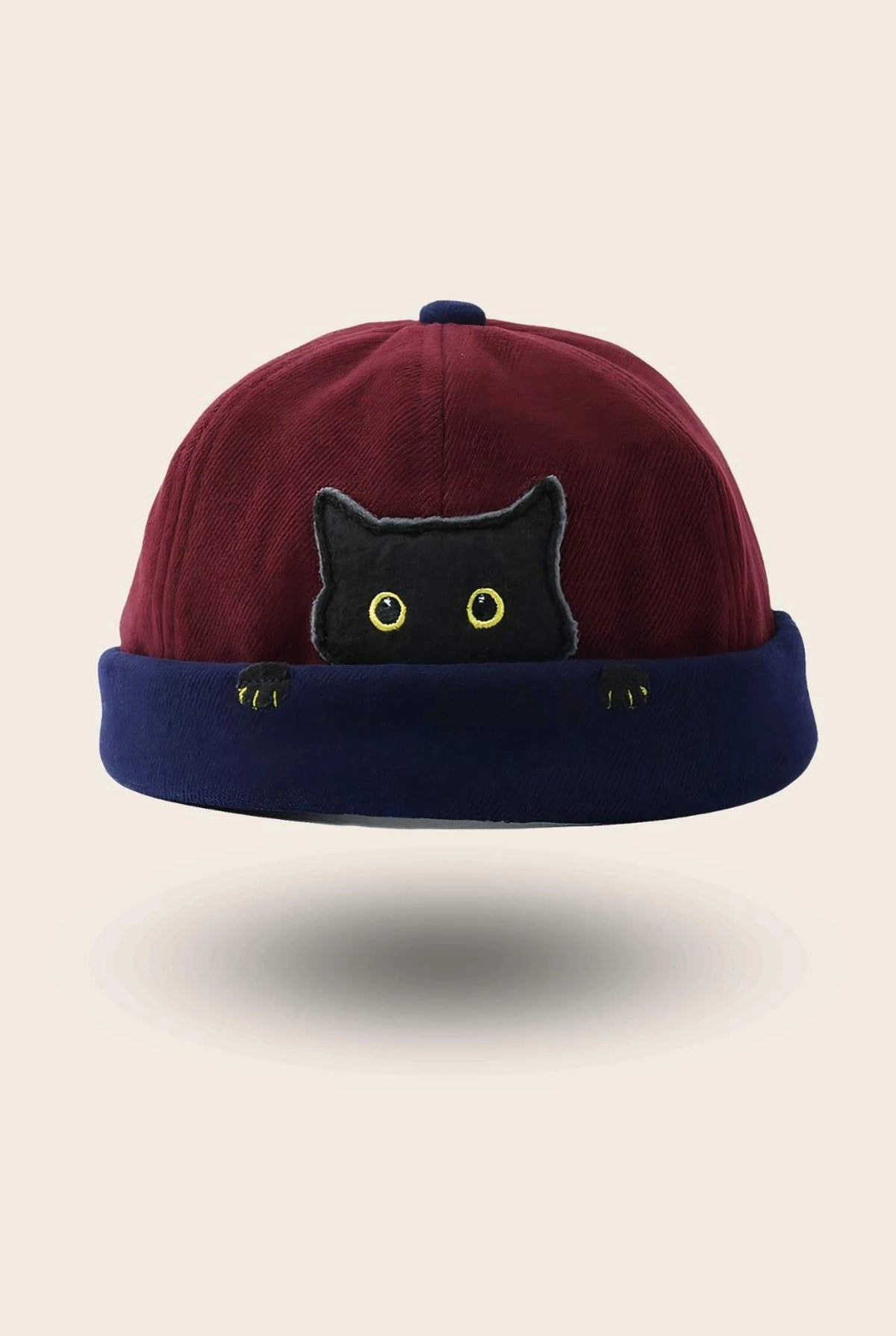Bonnet docker Chat bordeaux & bleu foncé, packshot vue de profil