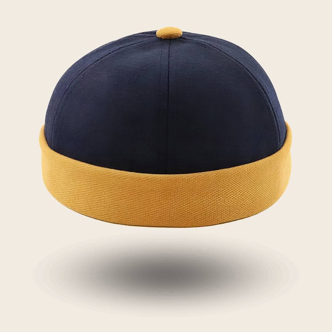 Bonnet docker Bicolore bleu marine et moutarde, vue de face
