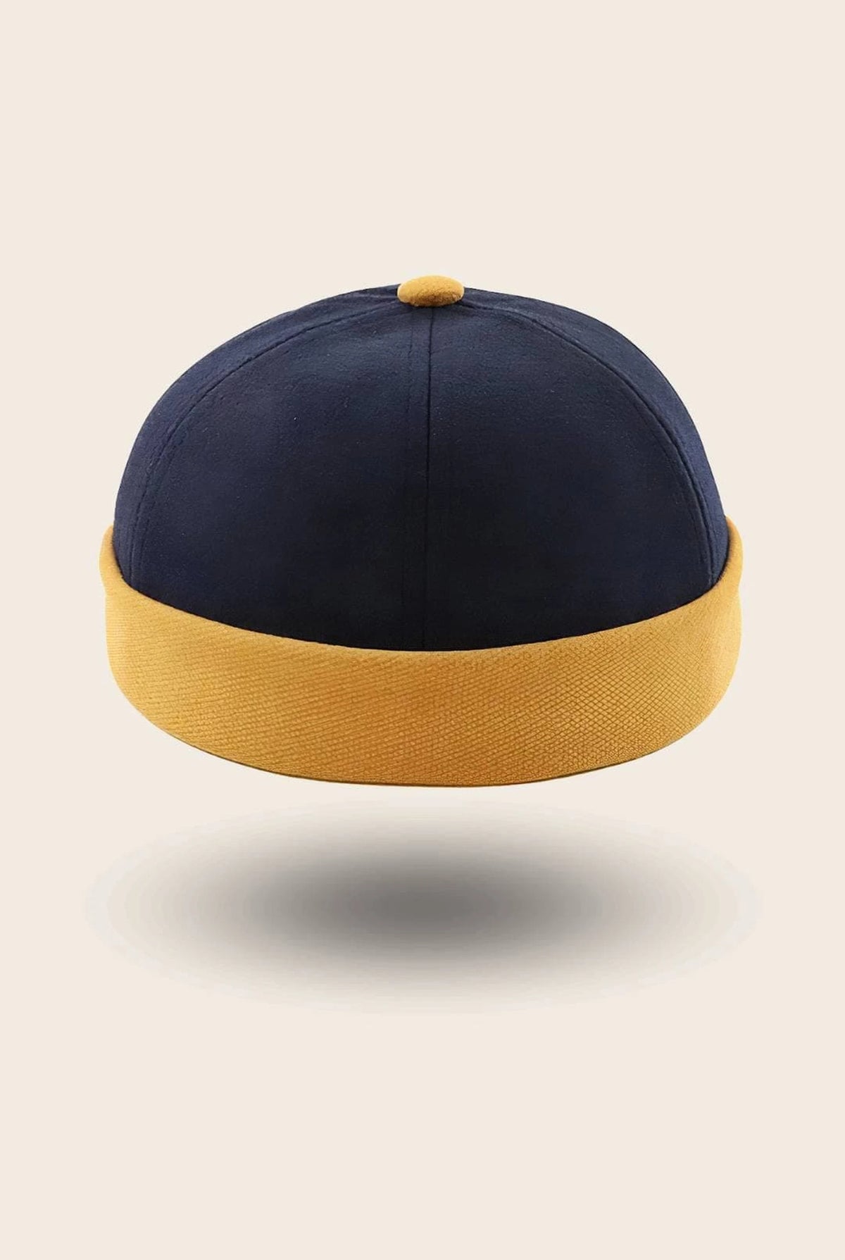 Bonnet docker Bicolore bleu marine et moutarde, vue de face