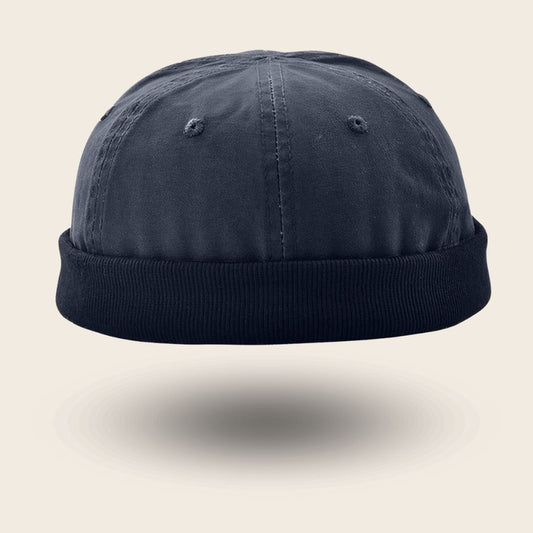 Bonnet docker Bleu marine avec bord en velours côtelé noir, vue de face