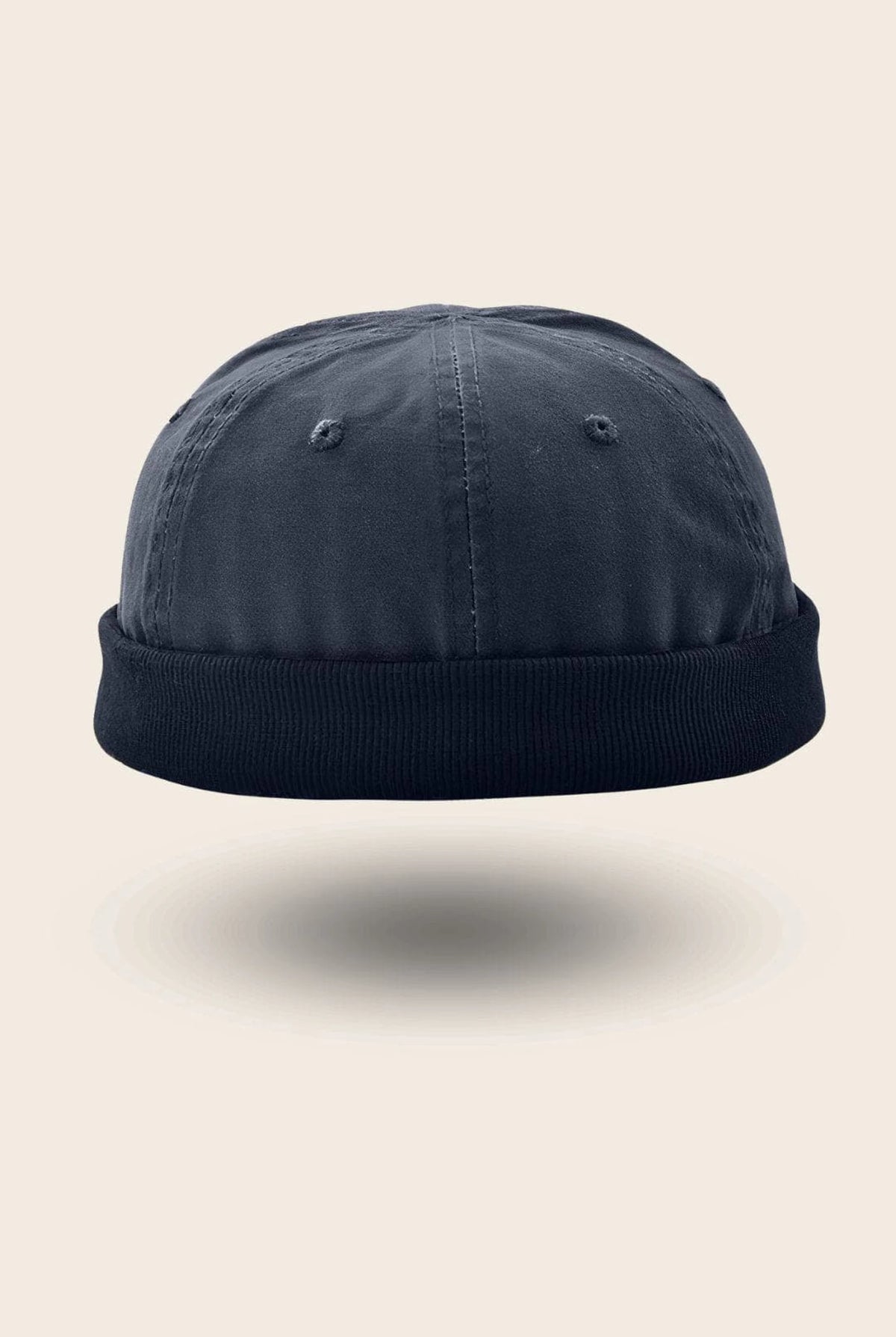 Bonnet docker Bleu marine avec bord en velours côtelé noir, vue de face