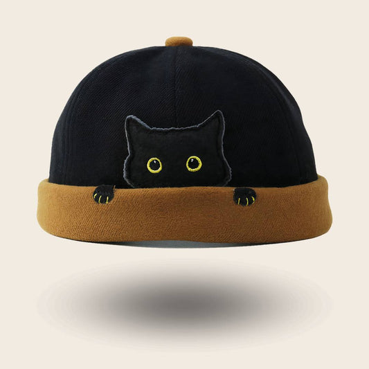Bonnet docker Chat noir et camel avec appliqué chat brodé, vue de face