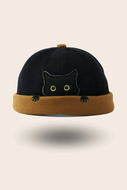Bonnet docker Chat noir et camel avec appliqué chat brodé, vue de face