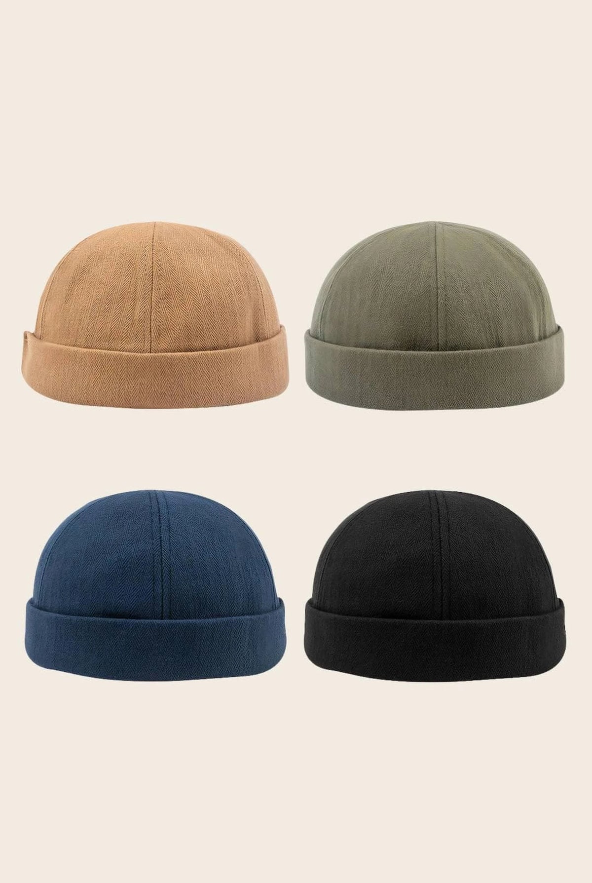 Les 4 coloris du bonnet docker Tissu Chevron : camel, kaki, bleu marine et noir