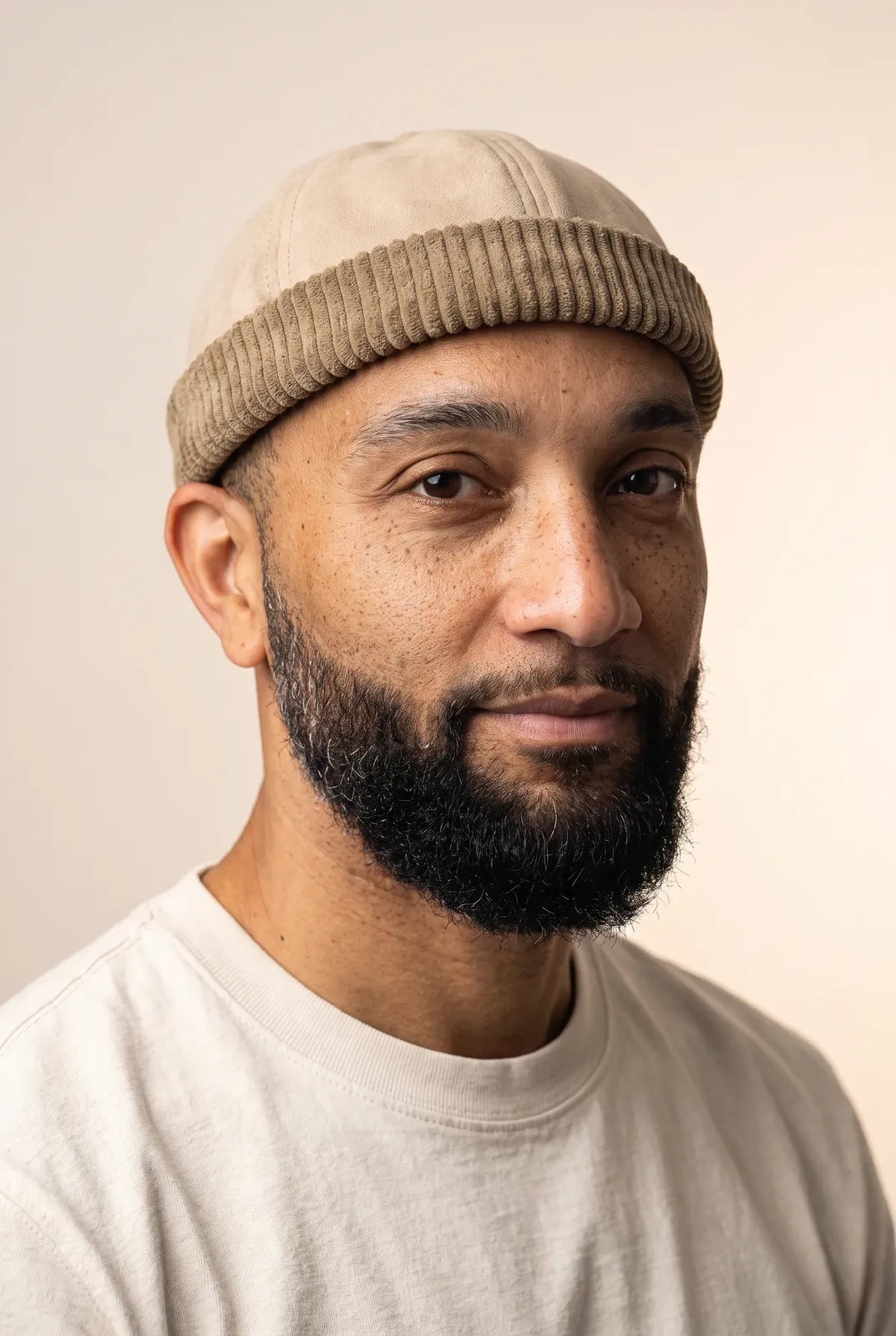 Bonnet docker de Daim beige porté par un homme, portrait