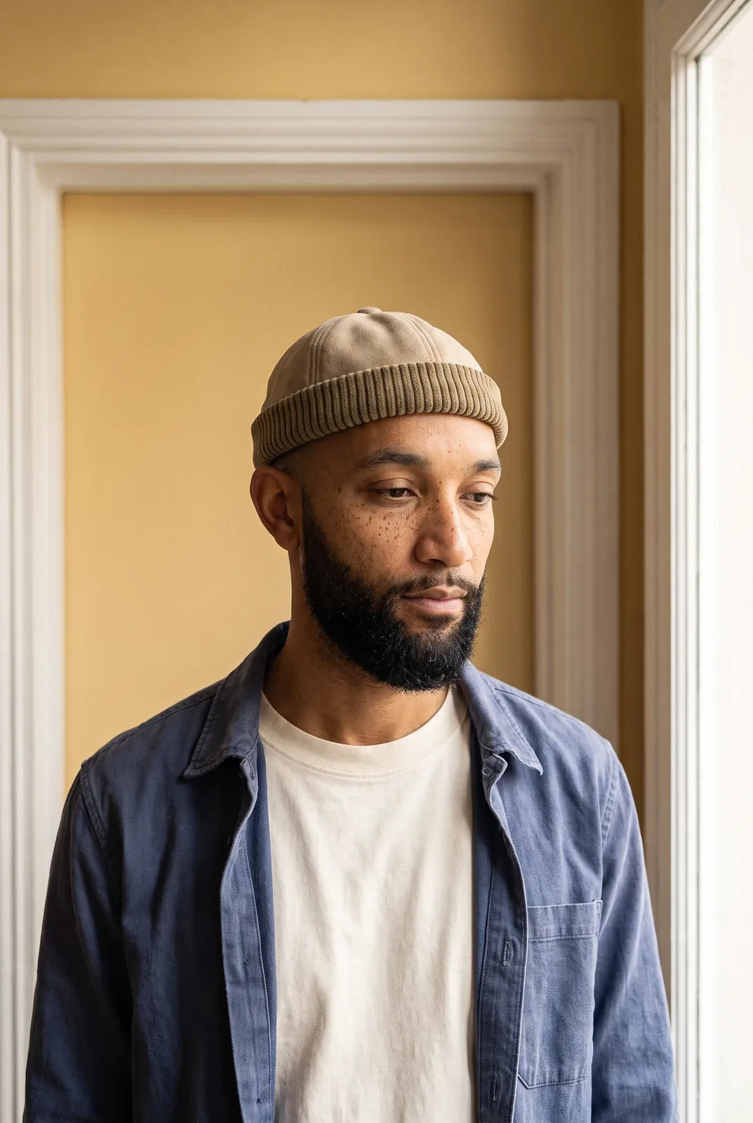 Bonnet docker de Daim beige porté par une femme en intérieur