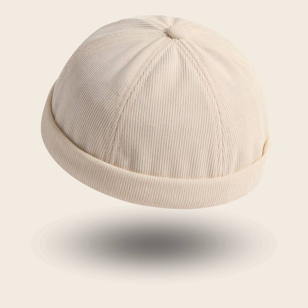 Bonnet docker en Velours écru, texture côtelée, vue de trois quarts