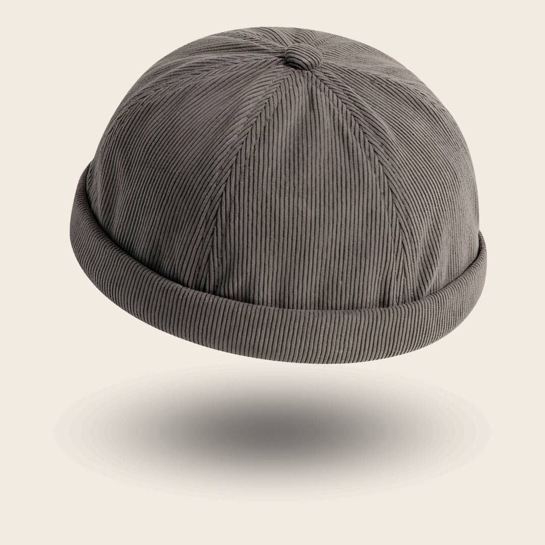 Bonnet docker en Velours gris, texture côtelée, vue de trois quarts