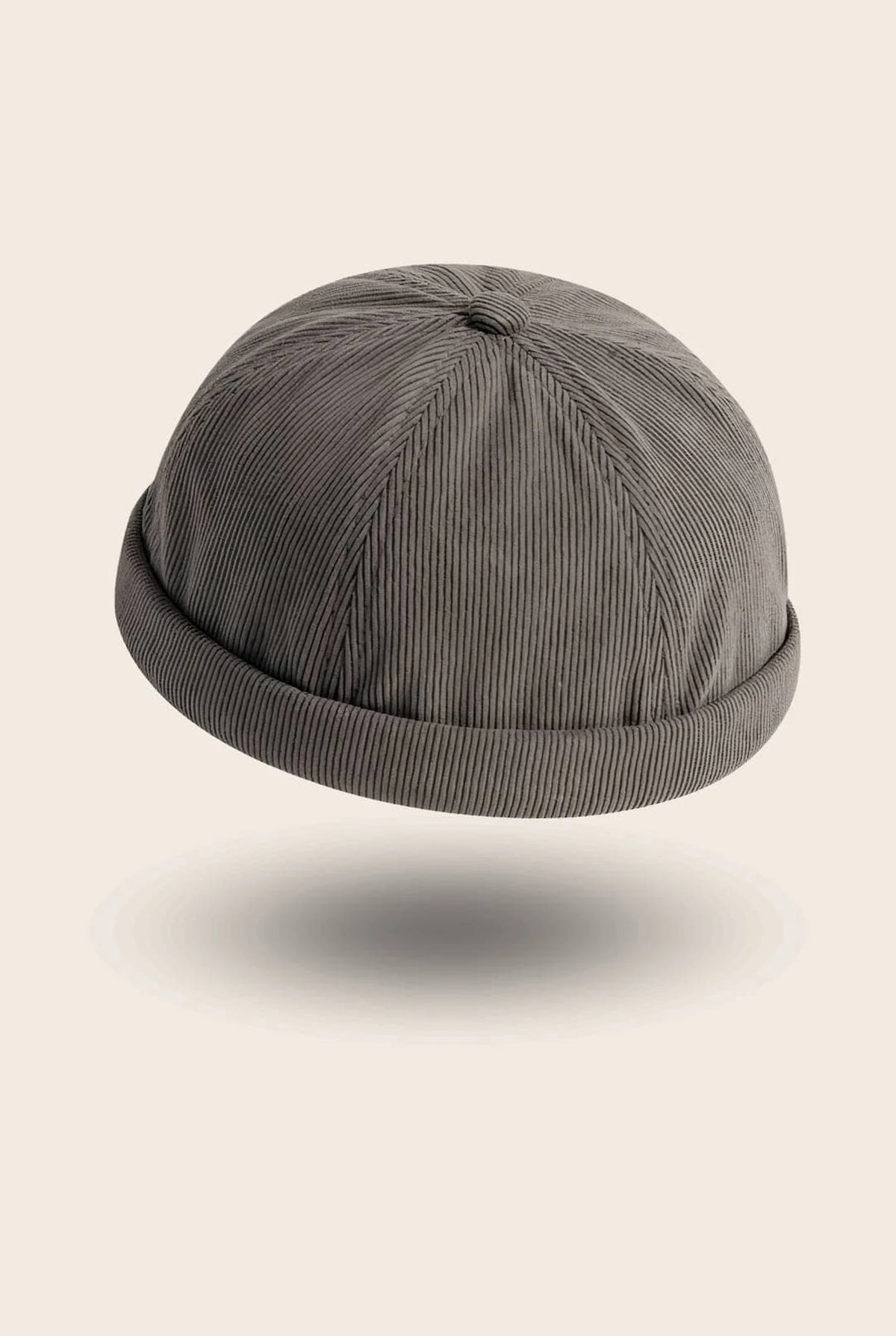 Bonnet docker en Velours gris, texture côtelée, vue de trois quarts