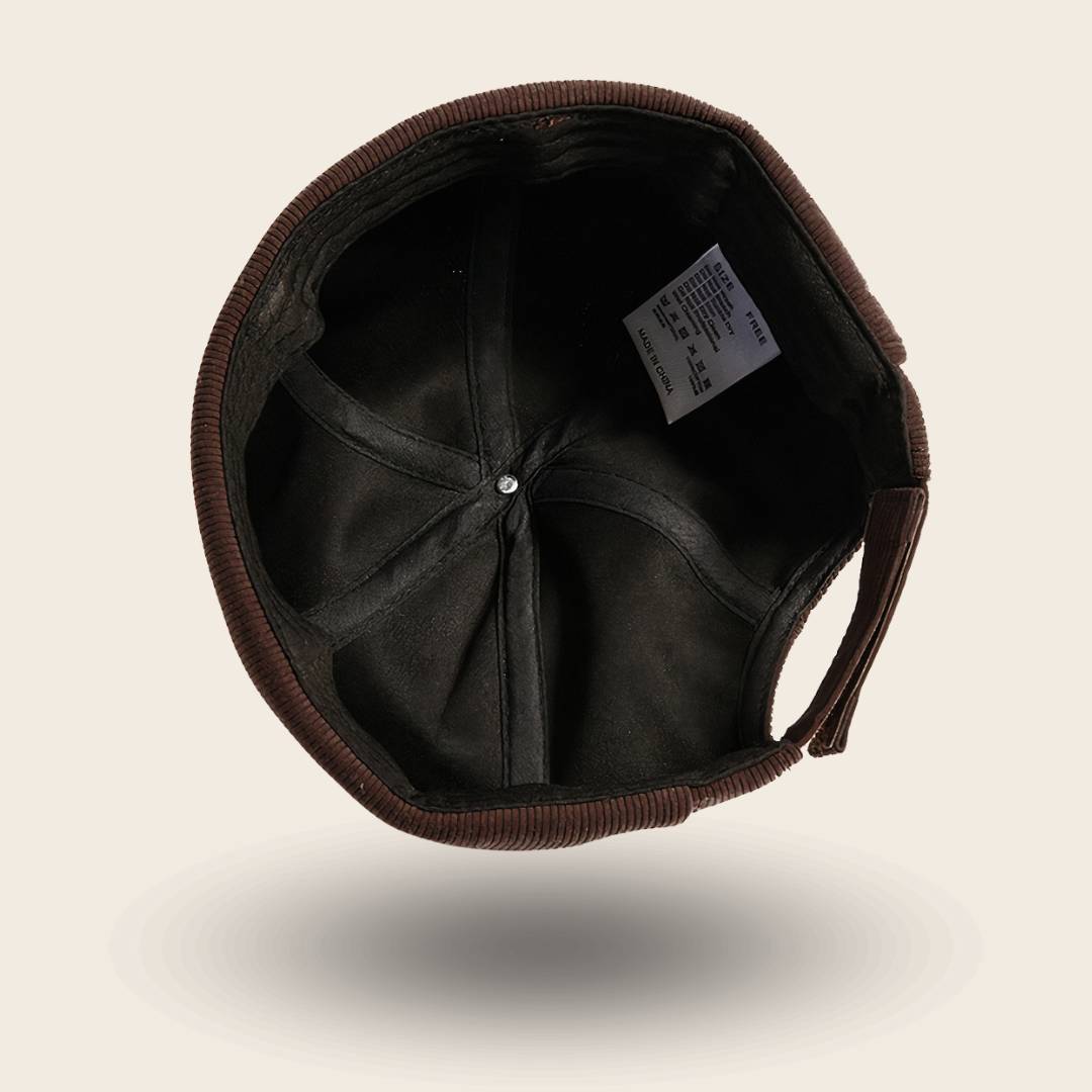 Intérieur du bonnet docker en Velours marron avec étiquette de taille