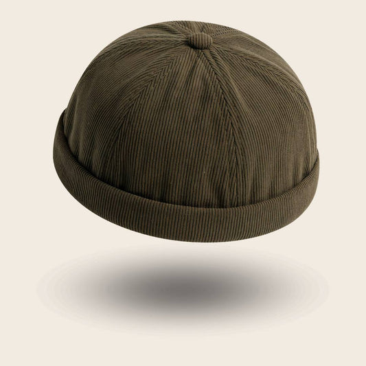Bonnet docker en Velours kaki, texture côtelée, vue de trois quarts