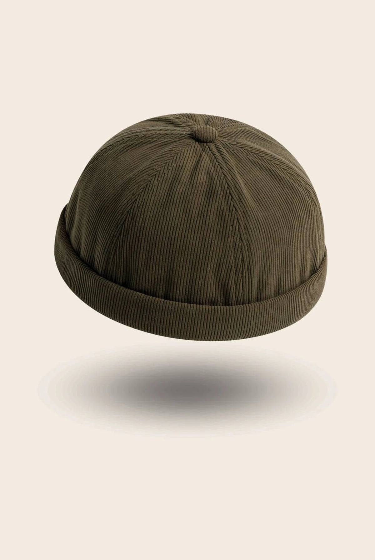 Bonnet docker en Velours kaki, texture côtelée, vue de trois quarts