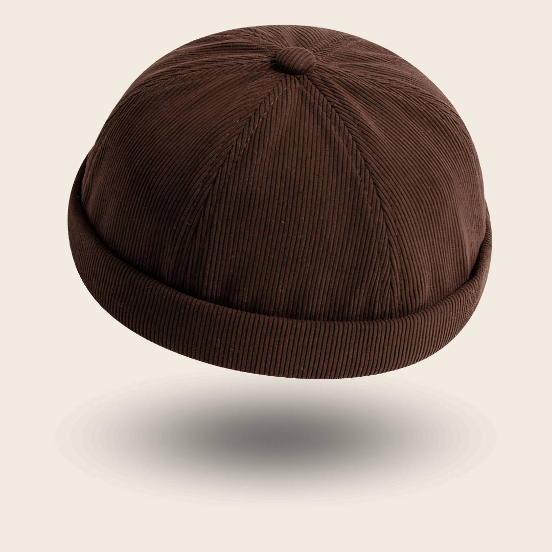 Bonnet docker en Velours marron, texture côtelée, vue de trois quarts