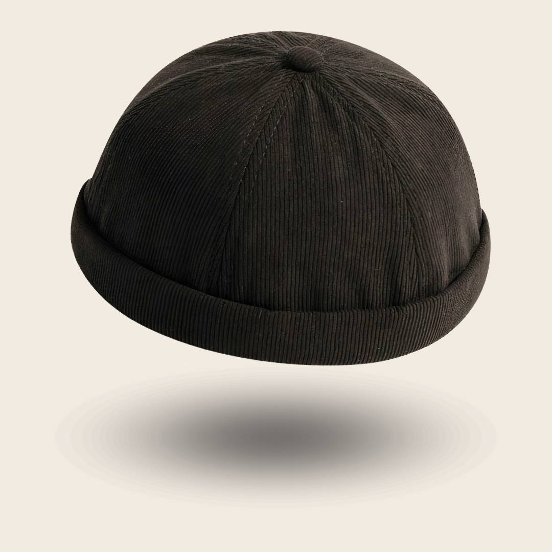Bonnet docker en Velours noir, texture côtelée, vue de trois quarts