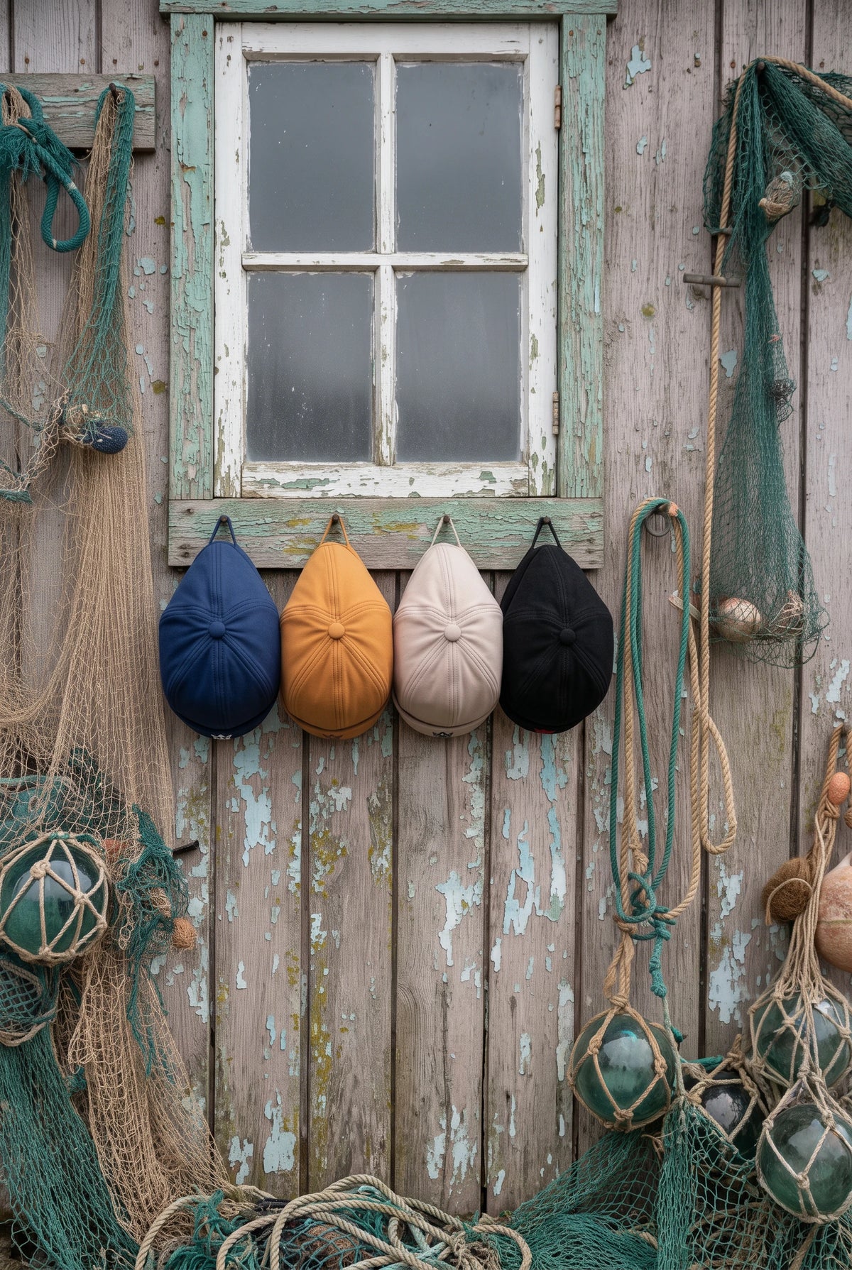 Les 4 coloris du bonnet docker Marin suspendus sur une cabane de pêcheur