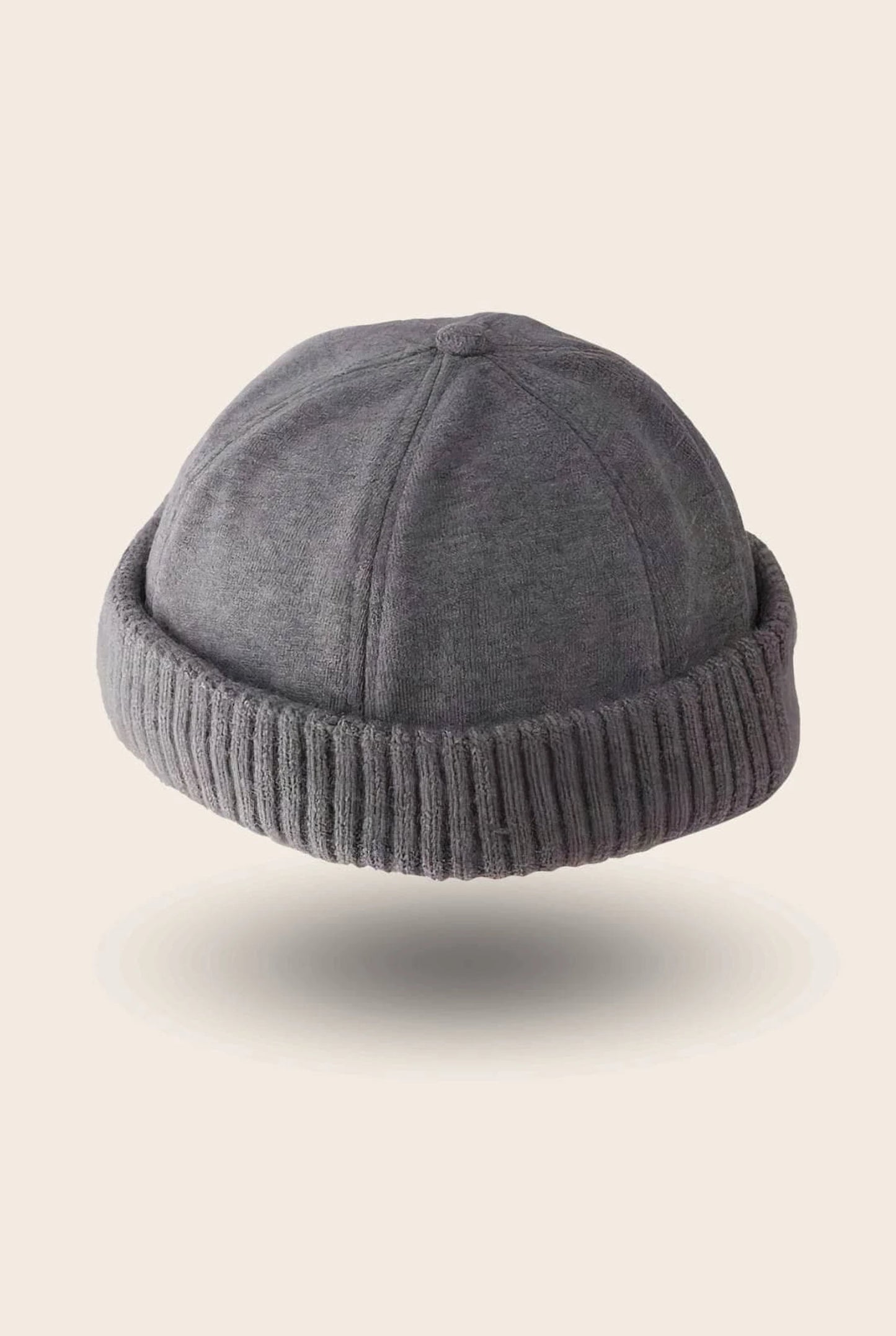 Bonnet docker Molleton gris, bord tricoté épais, vue de trois quarts arrière