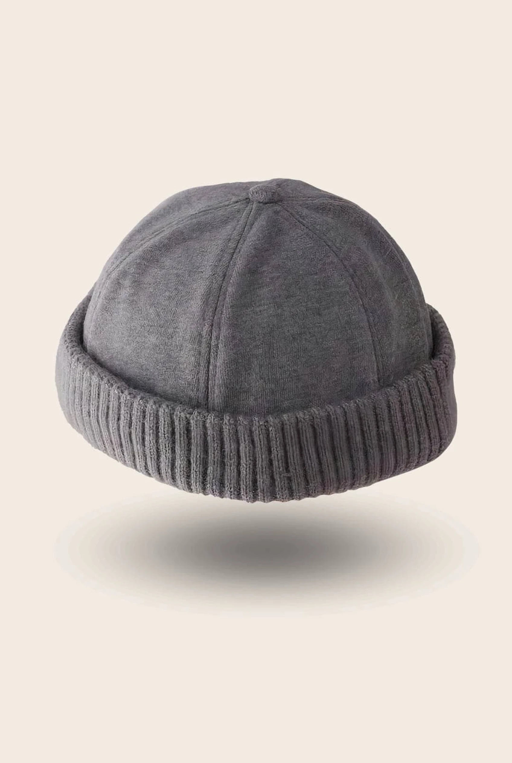 Bonnet docker Molleton gris, bord tricoté épais, vue de trois quarts arrière