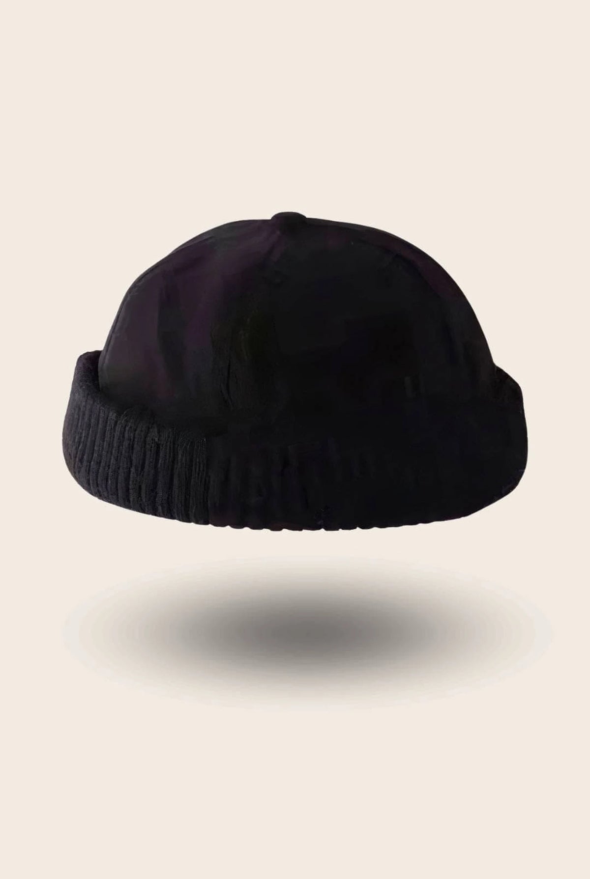 Bonnet docker Molleton noir, bord tricoté épais, vue de trois quarts arrière