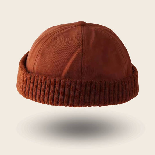 Bonnet docker Molleton terracotta, bord tricoté épais, vue de trois quarts arrière