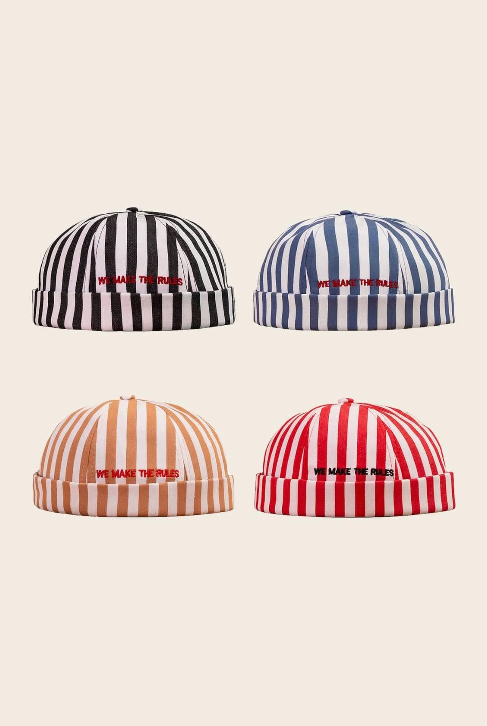 Les 4 coloris du bonnet docker à Rayures avec broderie We Make The Rules
