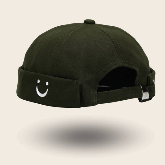Bonnet docker Smiley kaki avec patch smiley brodé, vue de dos