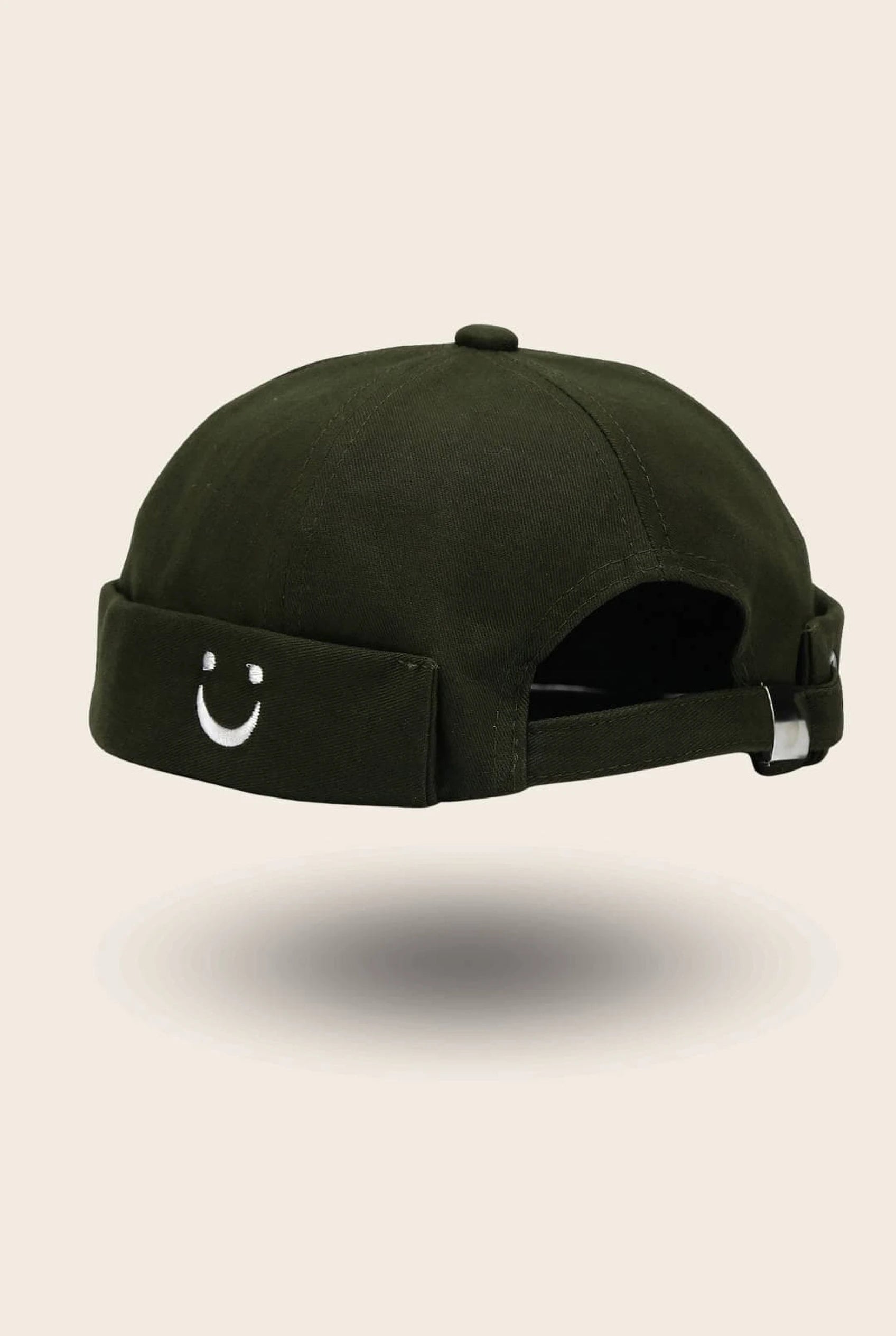 Bonnet docker Smiley kaki avec patch smiley brodé, vue de dos