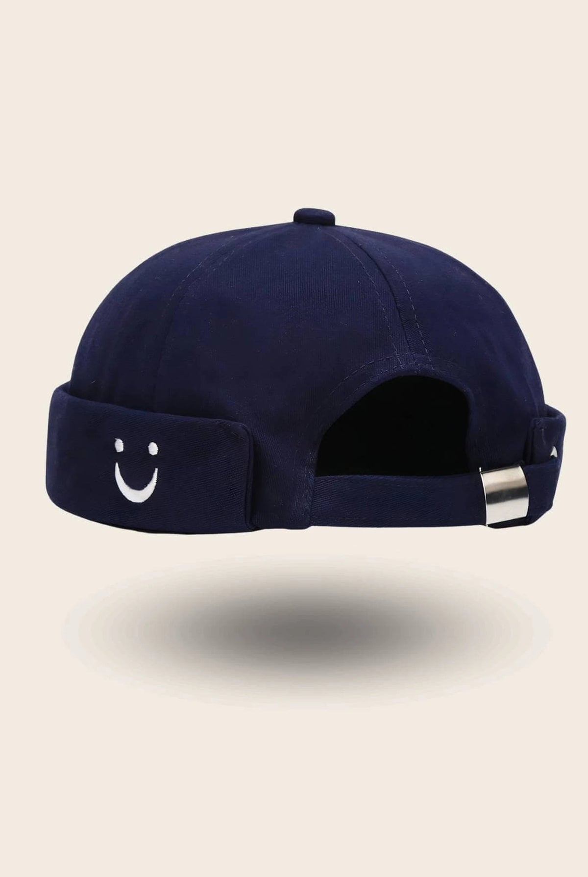 Bonnet docker Smiley bleu marine avec patch smiley brodé, vue de dos