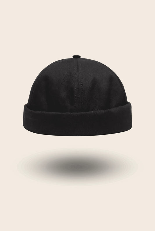 Bonnet docker uni noir, coupe sans visière en coton, vue de profil