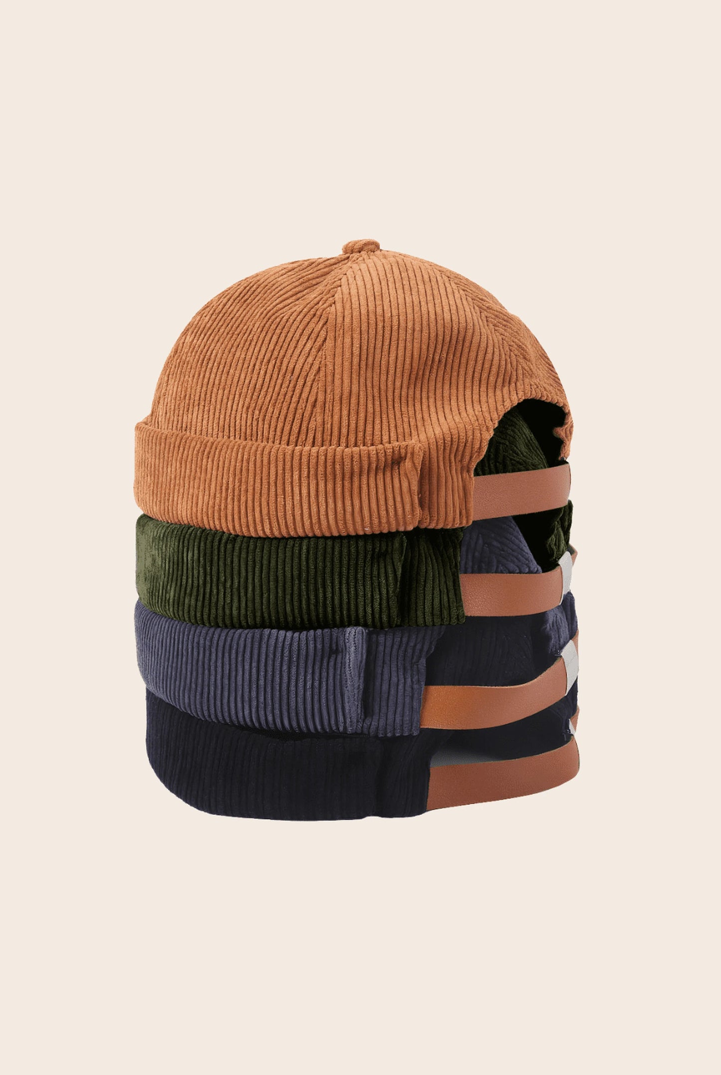 Bonnets docker Velours empilés en 4 coloris : terracotta, kaki, gris bleu et marine