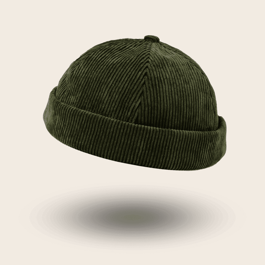 Bonnet docker Velours kaki en velours côtelé épais, vue de face