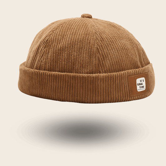 Bonnet docker Velours Retro camel en velours côtelé avec boucle en cuir, vue de face