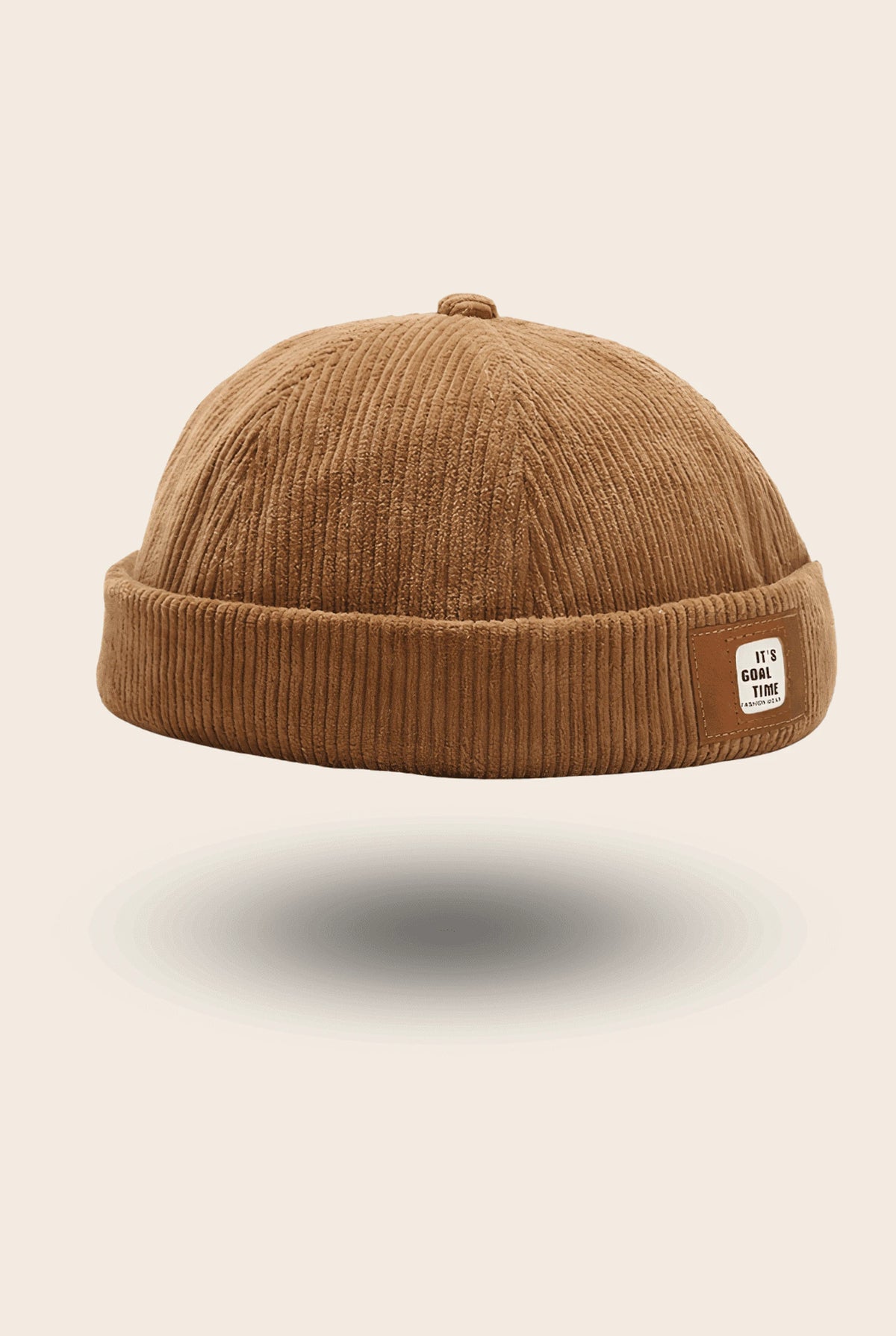 Bonnet docker Velours Retro camel en velours côtelé avec boucle en cuir, vue de face