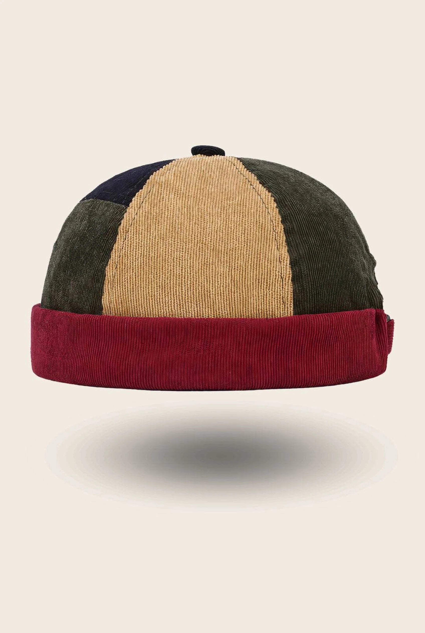 Bonnet docker Vintage bicolore kaki, camel et bordeaux, vue de face