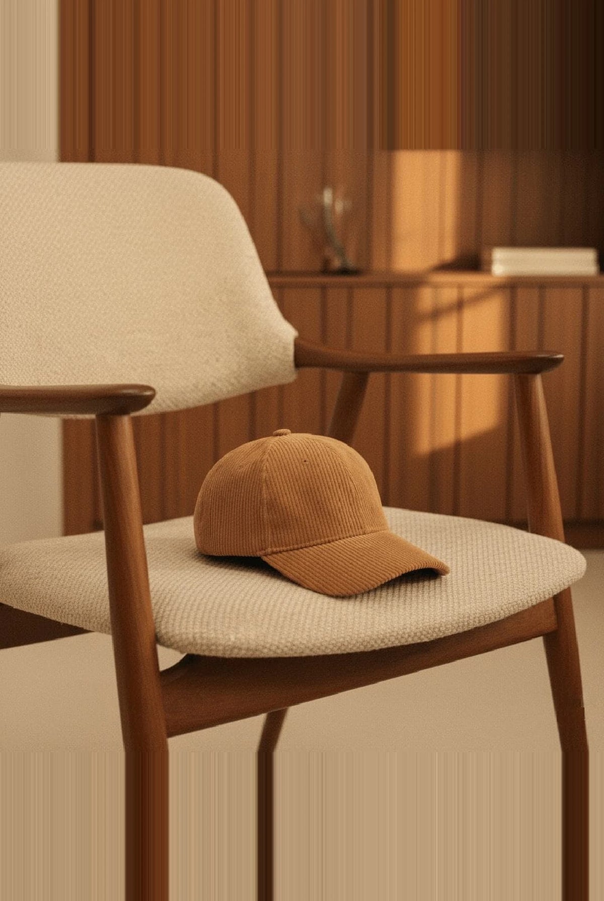 Casquette velour côtelé camel posée sur un fauteuil