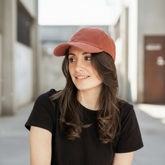 Casquette velour côtelé terracotta portée par une femme en extérieur