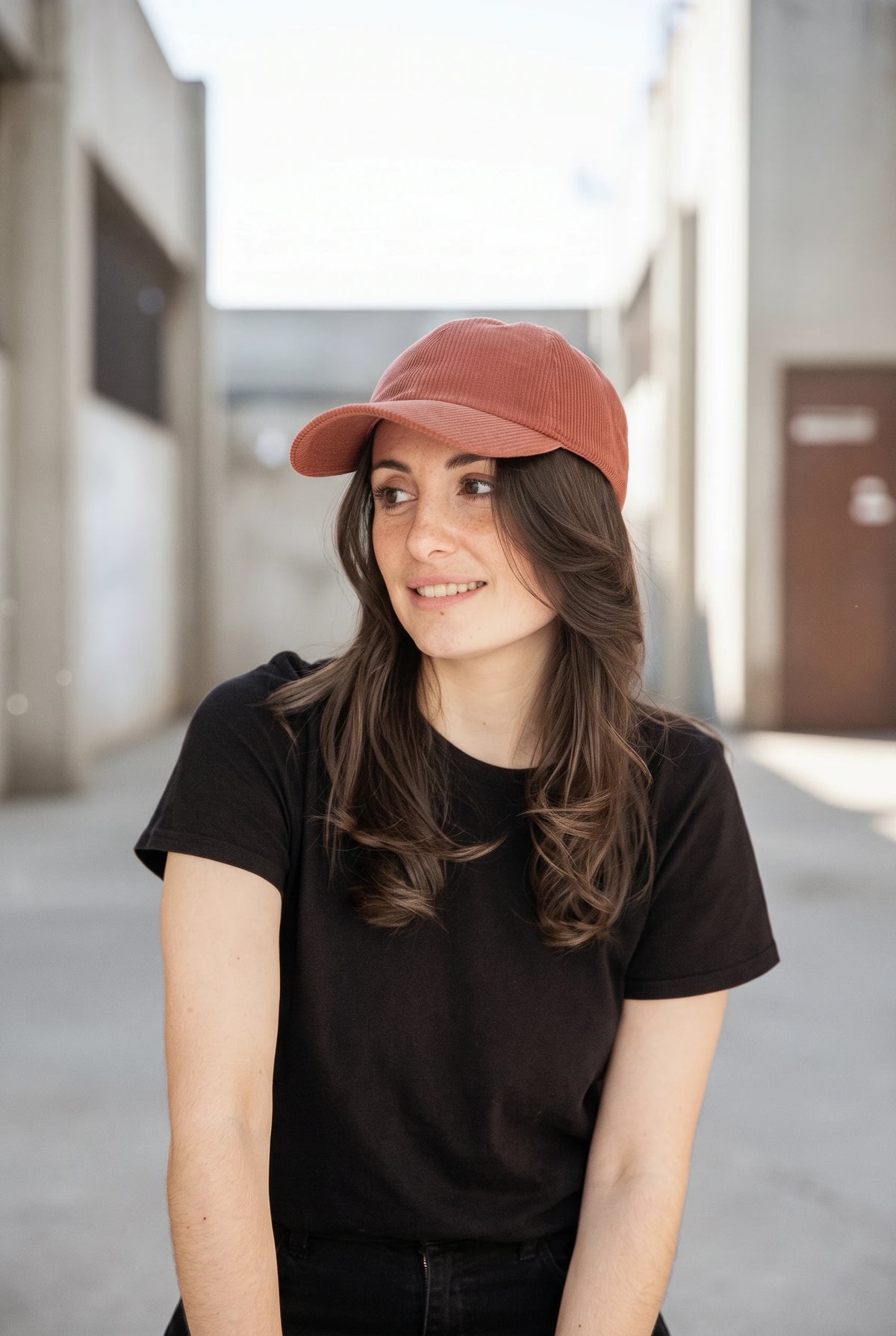 Casquette velour côtelé terracotta portée par une femme en extérieur