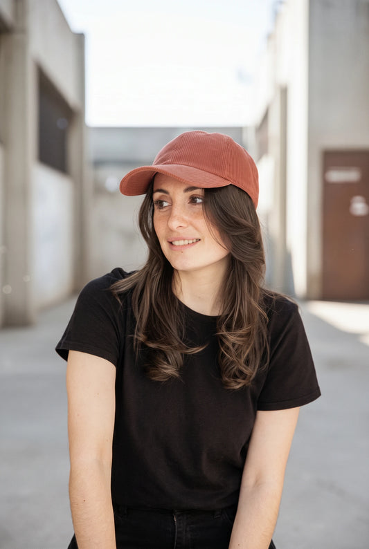 Casquette velour côtelé terracotta portée par une femme en extérieur