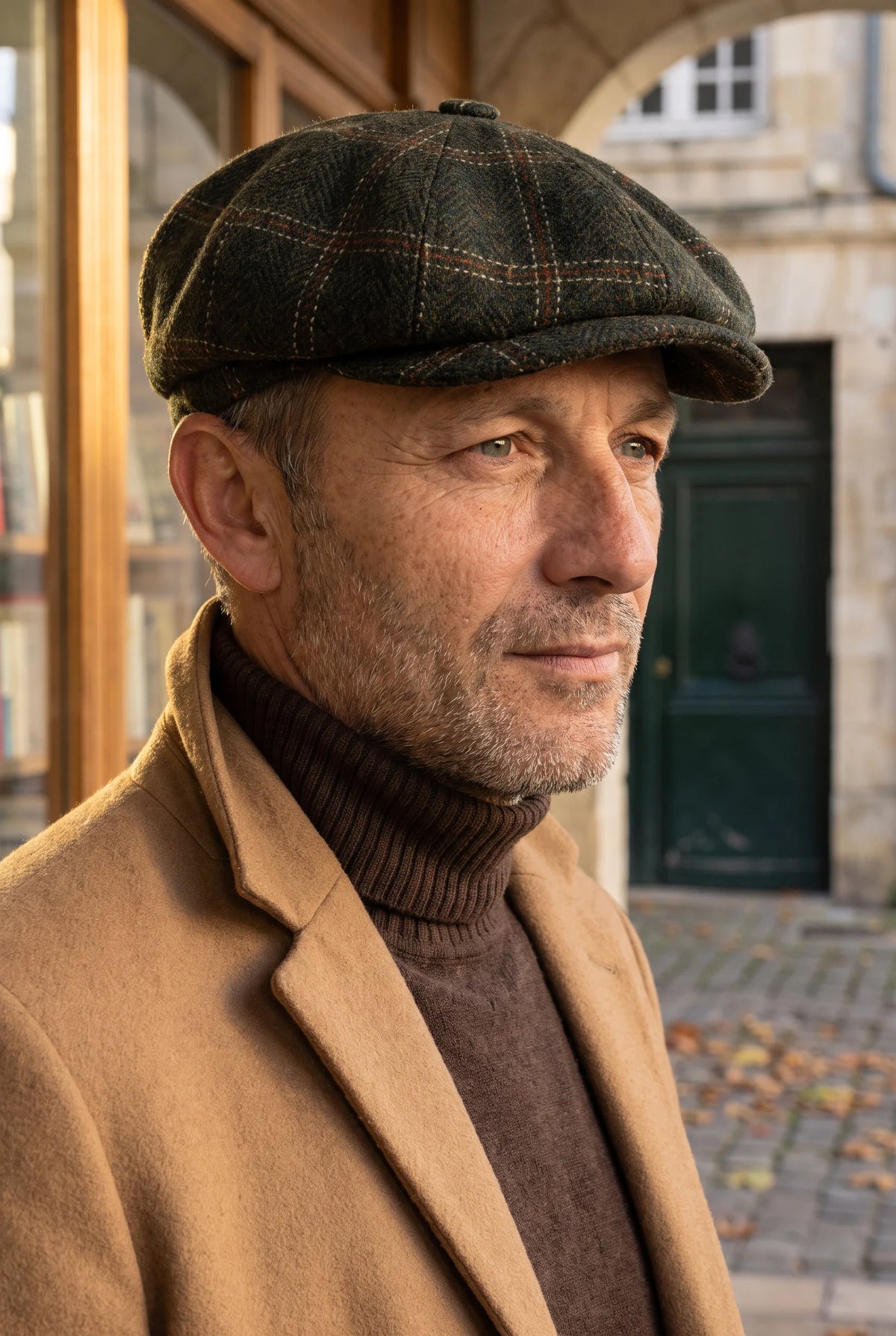 Casquette Gatsby carreaux laine porté - extérieur